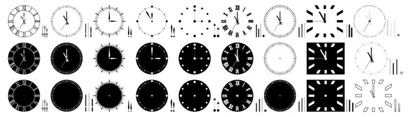 black and white silhouettes of clocks on a transparent background. Vector illustration