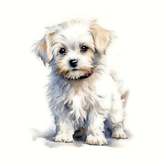 White Maltese puppy on a white background. Cute digital watercolour for dog lovers.