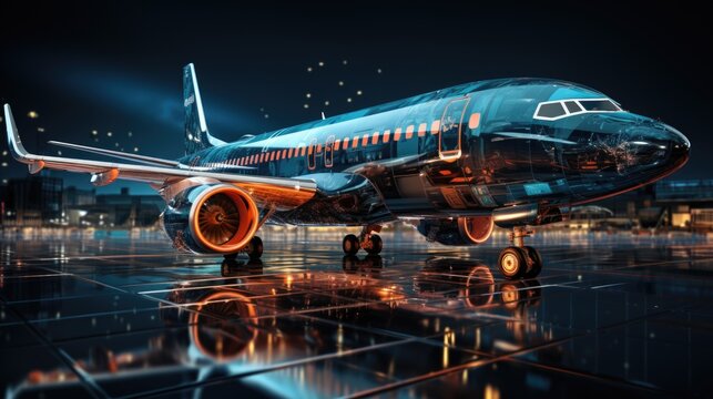 Jet plane model with glowing wire-frame neon lines, High-tech fast data transfer concept