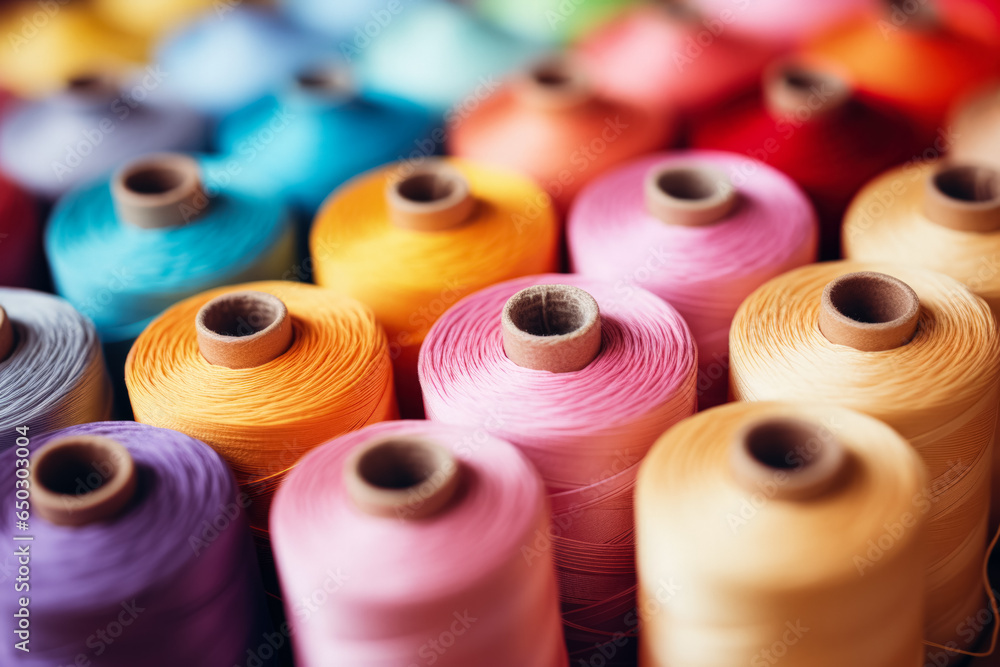 Aufkleber close-up of colorful threads and reels background with empty space for text