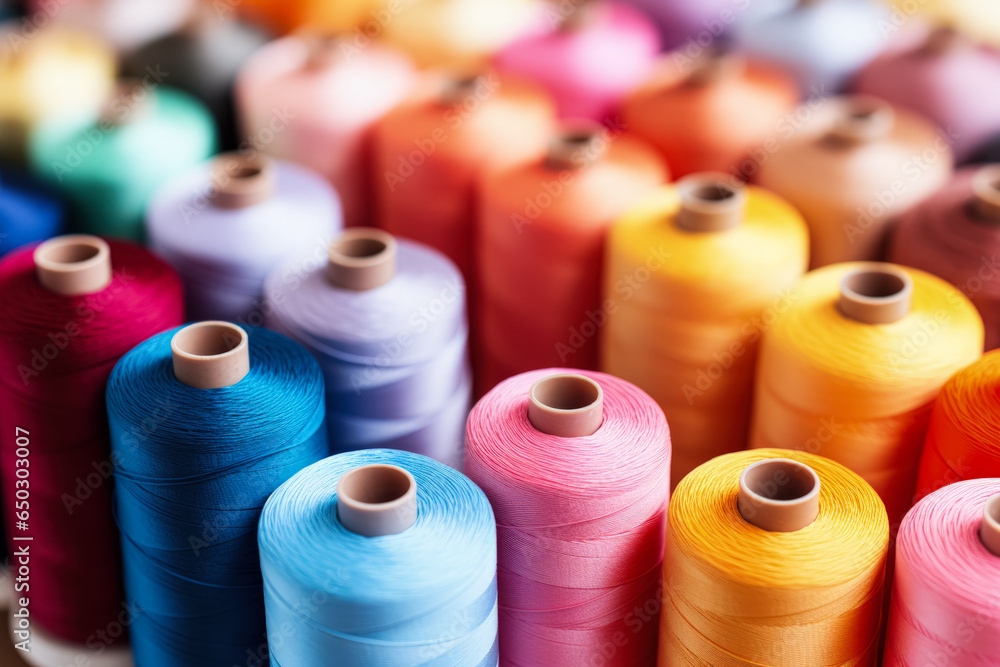 Aufkleber close-up of colorful threads and reels background with empty space for text