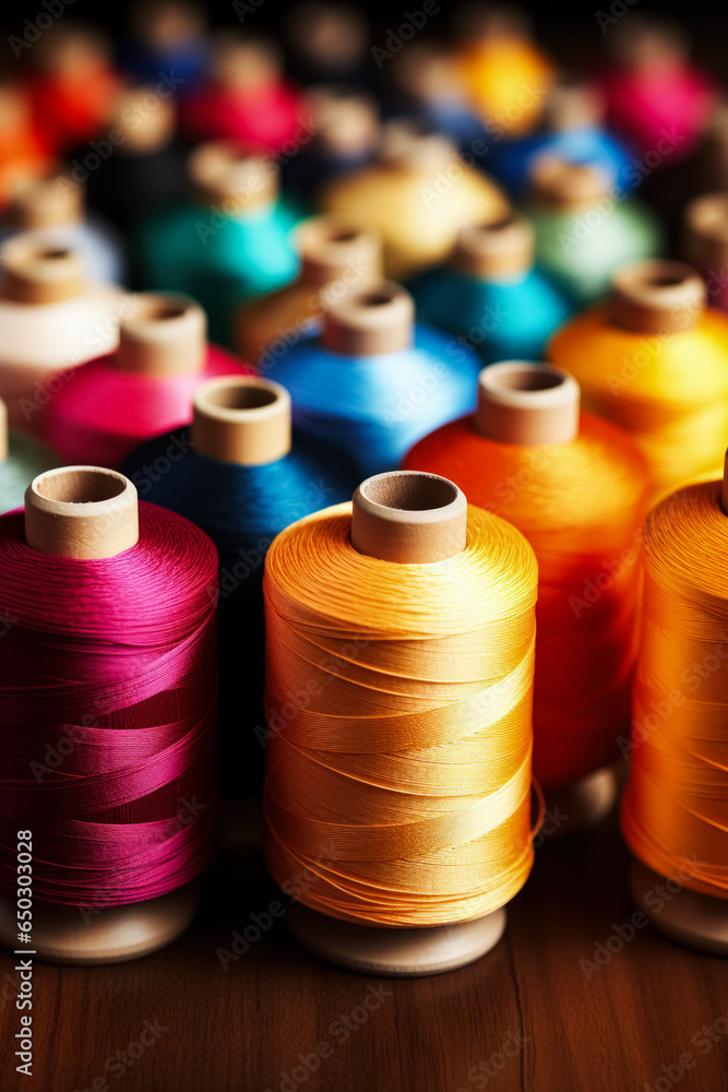 Aufkleber close-up of colorful threads and reels background with empty space for text