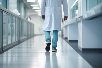 a man in a lab coat and appropriate footwear as he confidently walks down a hallway,professionalism and purpose in a controlled environment like a laboratory or healthcare facility.