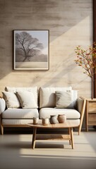 Details of fabulous living room modular couch with beige details, luxurious furnishings and natural light