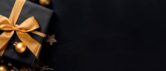 christmas gift wrapping on black background, copy space