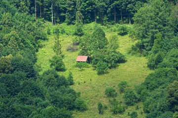 Mały domek w zielonej górskiej głuszy - obrazy, fototapety, plakaty