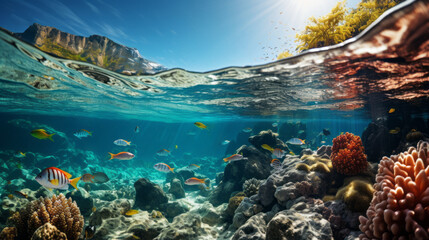 beautiful underwater scenery with various types of fish and cora