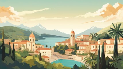 Vintage Sicily Poster in Vector Style with Flat Colors, Generative AI