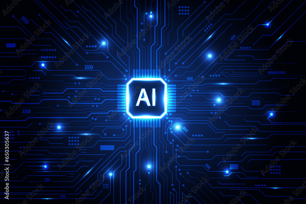 Poster ai chipset processor circuit board digital transformation blue abstract technology background.
