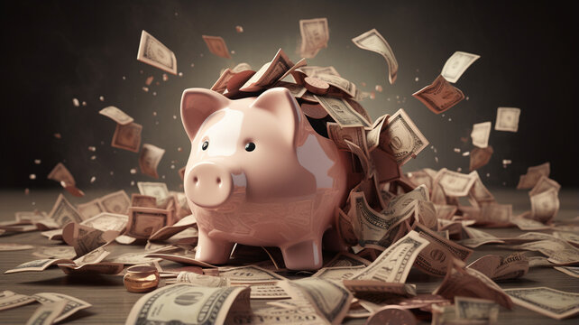 Broken piggy bank and money