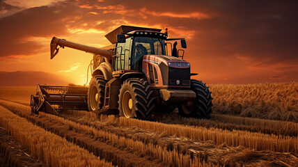 combine harvester working in wheat field at sunset.