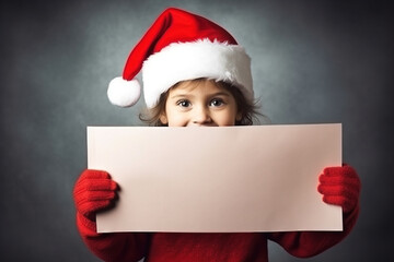 baby in red Santa suit with Santa hat holding white blank card. Christmas banner, advertising background, copy space.