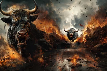 Poster Angry aggressive fire bull is running. AI generation.. © Ivan