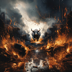 Angry aggressive fire bull is running. AI generation..