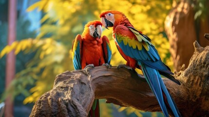 Colorful macaws perched on a tree