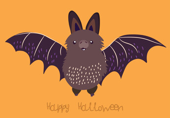 Cute bat in a simple hand-drawn style. Happy Halloween themed vector illustration. A bat hovers with outstretched wings on an orange background. Original creative design. Cute animals collection.