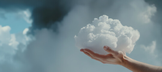 Generative AI, hand holding cloud, sky background. The development of the imagination concept