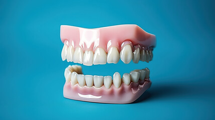 Obraz premium 3D denture mockup with light blue background. Dentistry, dental health banner, copy space.