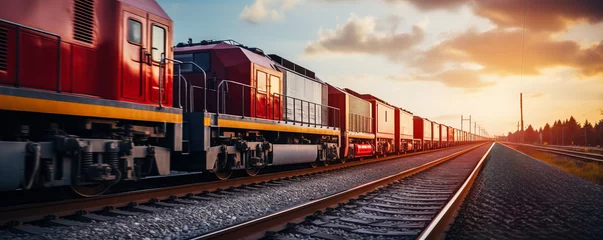 Foto op Plexiglas Freight train transporting cargo railroad tracks view background with empty space for text  © fotogurmespb