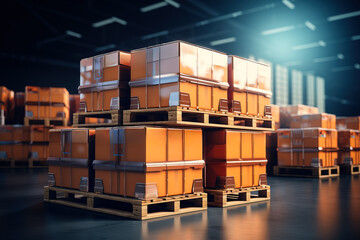 Stacks of cargo boxes in a warehouse isolated on a gradient background 