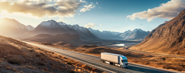 Truck traversing vast landscapes for cross-country cargo delivery  - obrazy, fototapety, plakaty