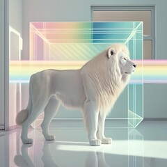 35mm film still of a white lion surrounded by acrylic prisms reflecting rainbows in a pastel futuristic 80s home 