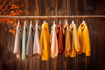 Many autumn clothes hanging in row