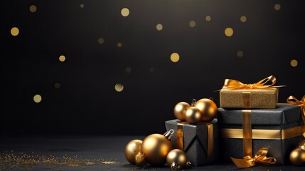 Fototapeta premium christmas background with gold decorations and gift boxes,