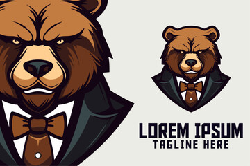 Grizzly Bear Icon Badge Emblem for Sport and Esport, Mafia Bear Mascot Head Logo, Wild Animal Template