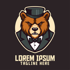 Mafia Bear Mascot Head Logo and Grizzly Bear Icon Badge Emblem for Sport and Esport with Wild Animal Template