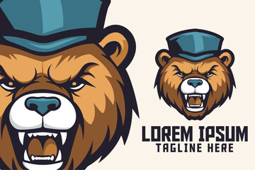 Sport and Esport Emblem: Mafia Bear Mascot Head Logo, Wild Animal Template, Grizzly Bear Icon Badge