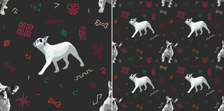Abstract ethnic pattern with French Bulldog, pastel background, juneteenth seamless white pattern with hand-drawn geometric icons. Summer seamless black pattern with dogs and abstract lines.