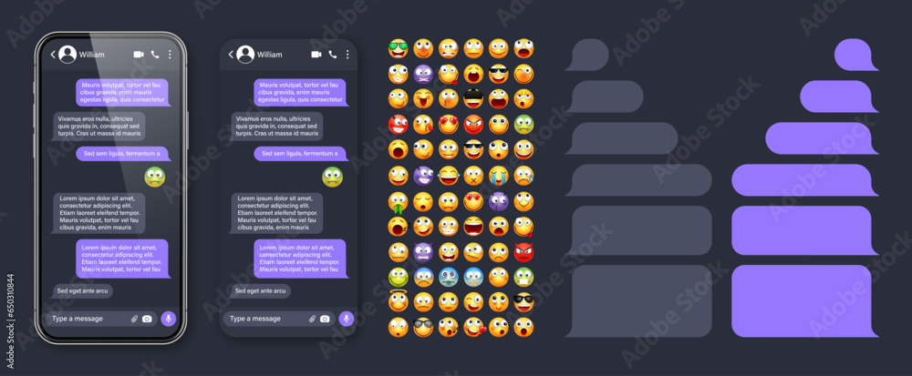 Fototapete smartphone messaging app, user interface with emoji. sms text frame. chat screen, violet message bub
