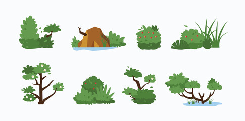bush and rock landscape icon set, vector illustration, flat design for any purpose