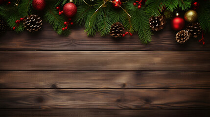 Fototapeta na wymiar Christmas decorations and gifts on a wooden background.. Christmas frame, banner mockup, greeting card design.