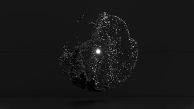 3d render of monochrome black and white abstract art video animation with surreal particles small metallic balls substance deform in sphere shape with glowing core light inside on dark grey background
