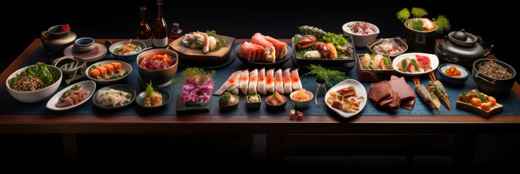Knolling of japan cuisine professional food photography, generative ai