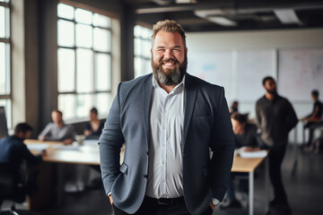 Plus size manager businessman CEO confident and standing front of modern office