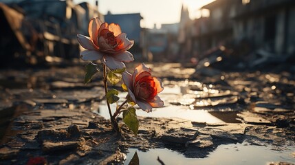A flower in the destroyed city - obrazy, fototapety, plakaty