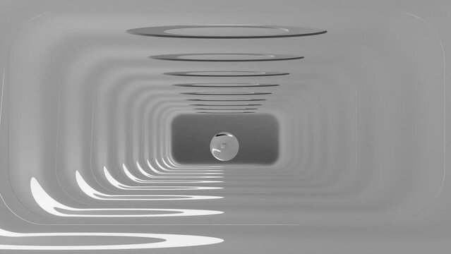 3d render of abstract art monochrome black and white video animation with flying moving metal silver ball or sphere inside futuristic tunnel with rounded corners    
