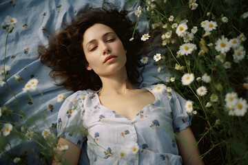 Beautiful young woman lying in a field of chamomile flowers, a serenity, peace, and bliss expression, connection with nature reflect gratitude and contentment and tranquility, Generative AI