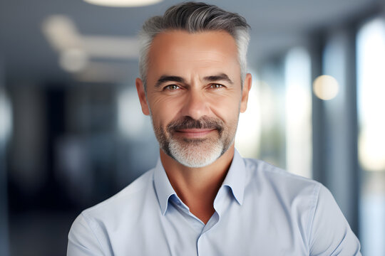 Happy Mid Aged Older Business Man Executive Standing In Office, Smiling 50 Year Old Mature Confident Professional Manager, Confident Businessman Investor Looking At Camera, Headshot Close Up Portrait