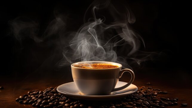 International Coffee Day. An image of a fragrant cup of coffee with scattered roasted beans on the table.