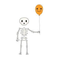 Cute human skeleton with balloon Halloween cartoon character illustration. Hand drawn kawaii style line art design, isolated vector. Kids seasonal print element, trick or treat, autumn holiday party