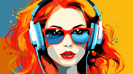portrait of a red-haired woman wearing glasses and headphones, pop art style