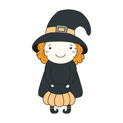 Cute girl in witch Halloween costume character illustration. Hand drawn kawaii style line art design, isolated vector. Kids seasonal print element, trick or treat, autumn holiday party