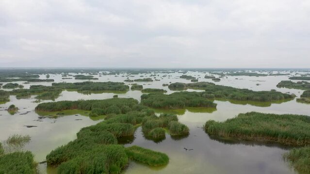 Aerial view of Eber Lake, one of the natural beauties of Afyonkarahisar, from a drone.