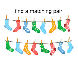 Matching socks game. Puzzle find pair. Preschool children educational worksheet activity. Socks on laundry rope. Match sock patterns vector. Game matching sock, match different illustration