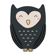 Cute sitting owl Halloween cartoon character illustration. Hand drawn kawaii style line art design, isolated vector. Kids seasonal print element, trick or treat, autumn holiday party