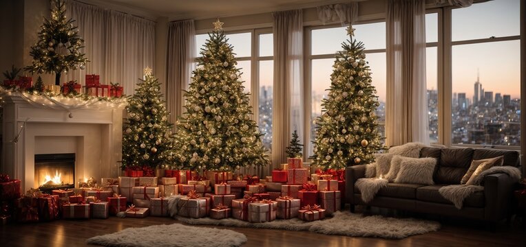  A cozy living room adorned with a majestic Christmas tree, surrounded by beautifully wrapped gifts, as the evening light streams in through the window, revealing a breathtaking cityscape
